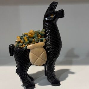 Black Quartz Llama Carved Figurine with Gemstone Accents
